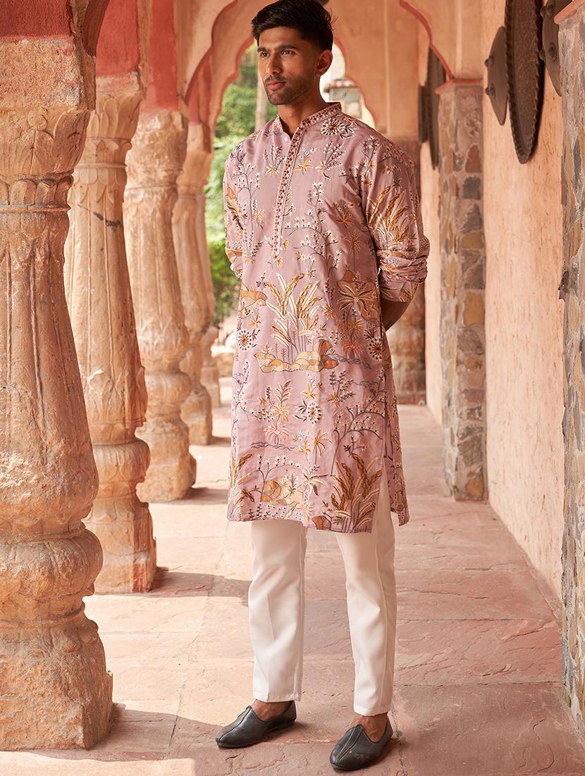 floral embroidered silk blend kurta pyjama - 21986007 - Standard Image - 1