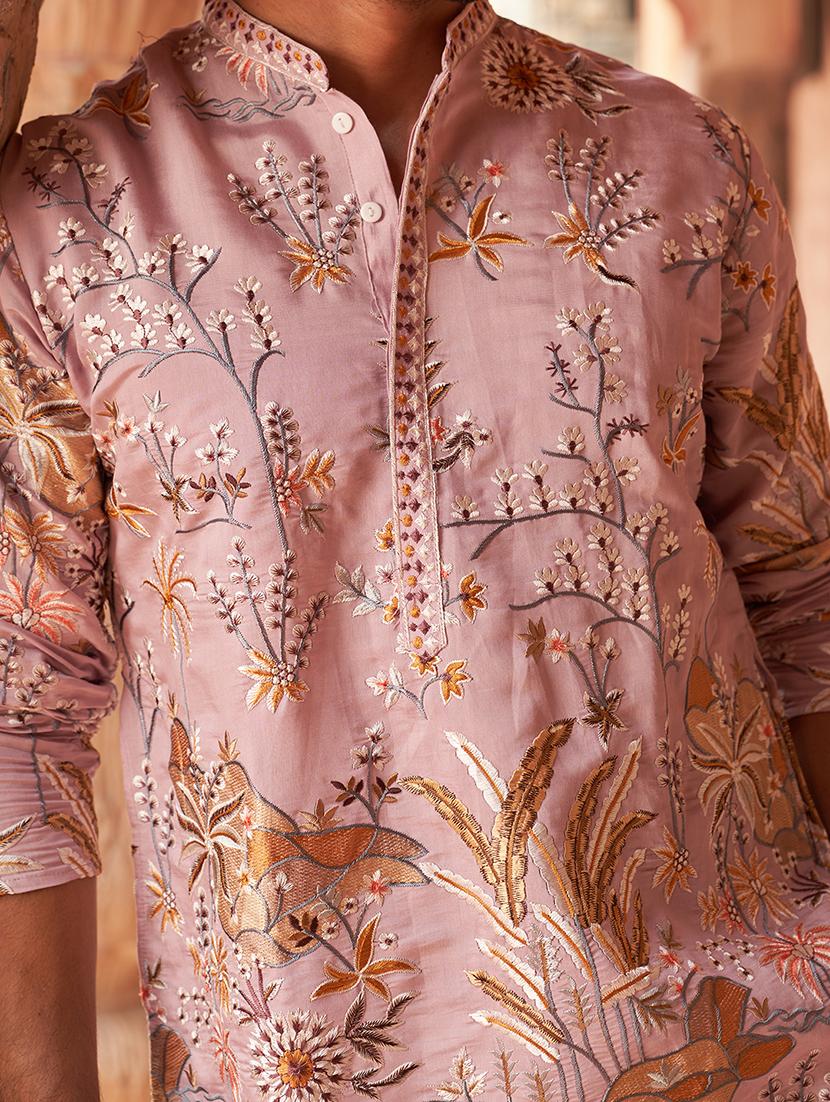 floral embroidered silk blend kurta pyjama - 21986007 - Standard Image - 4