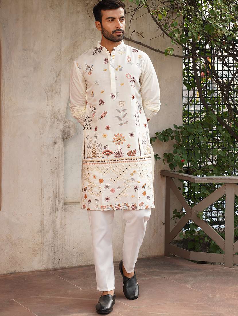 white silk blend kurta pyjama ethnic wear set - 21986008 -  Standard Image - 1