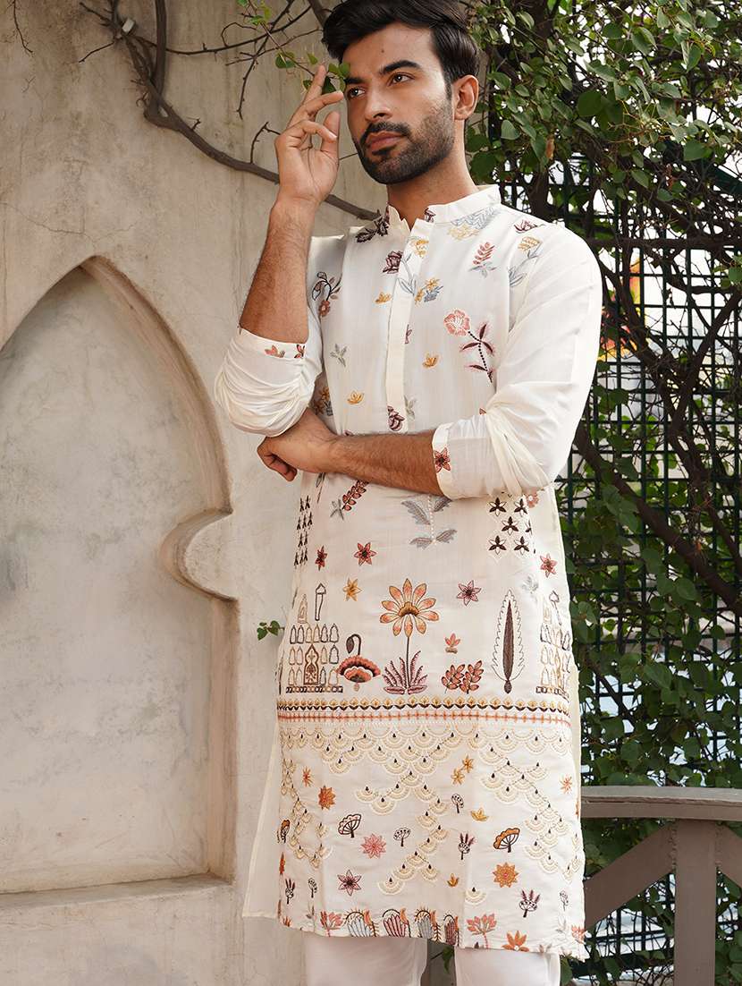 white silk blend kurta pyjama ethnic wear set - 21986008 -  Standard Image - 4