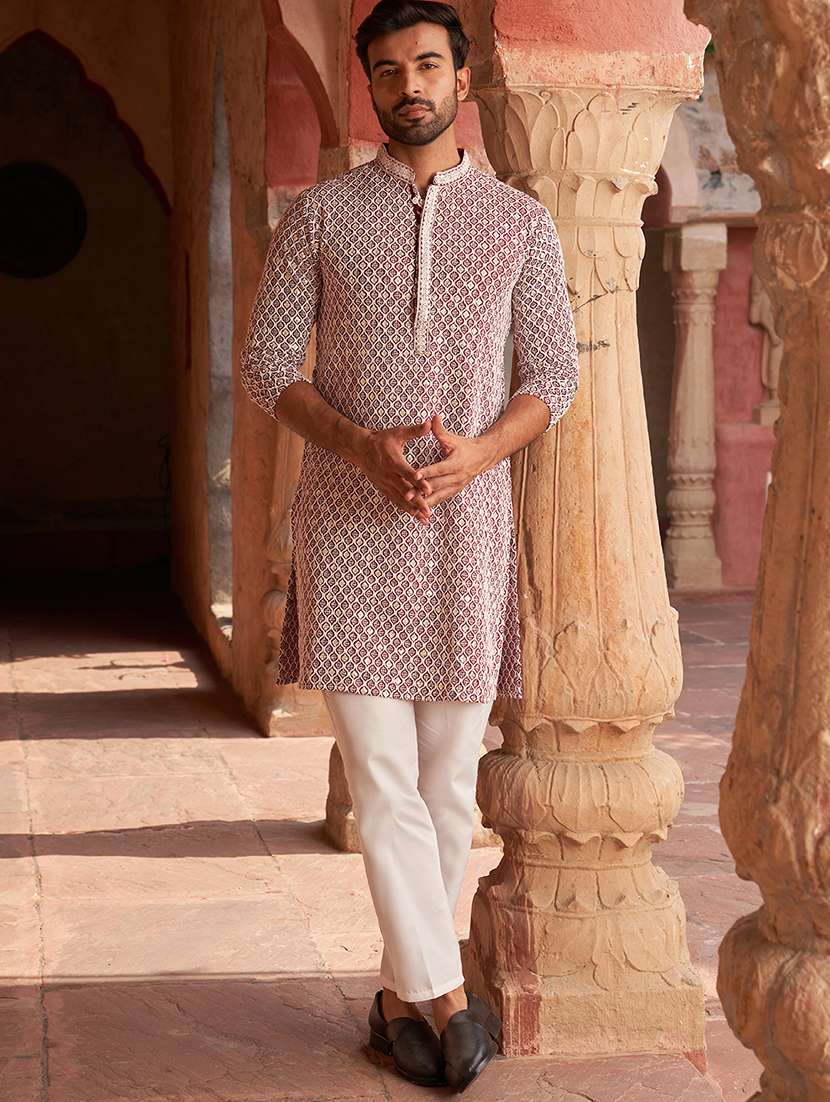 maroon cotton embroidered kurta pyjama set men - 21986010 -  Standard Image - 1