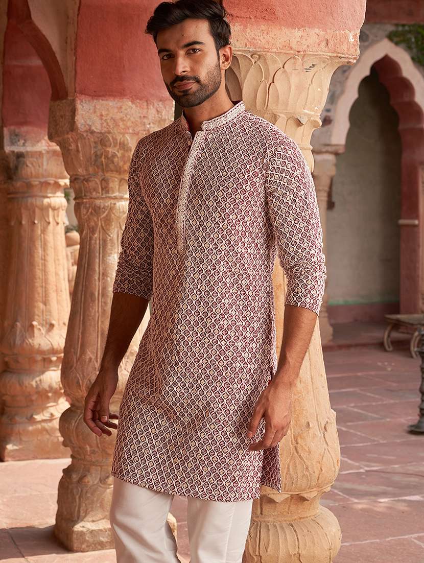 maroon cotton embroidered kurta pyjama set men - 21986010 -  Standard Image - 4