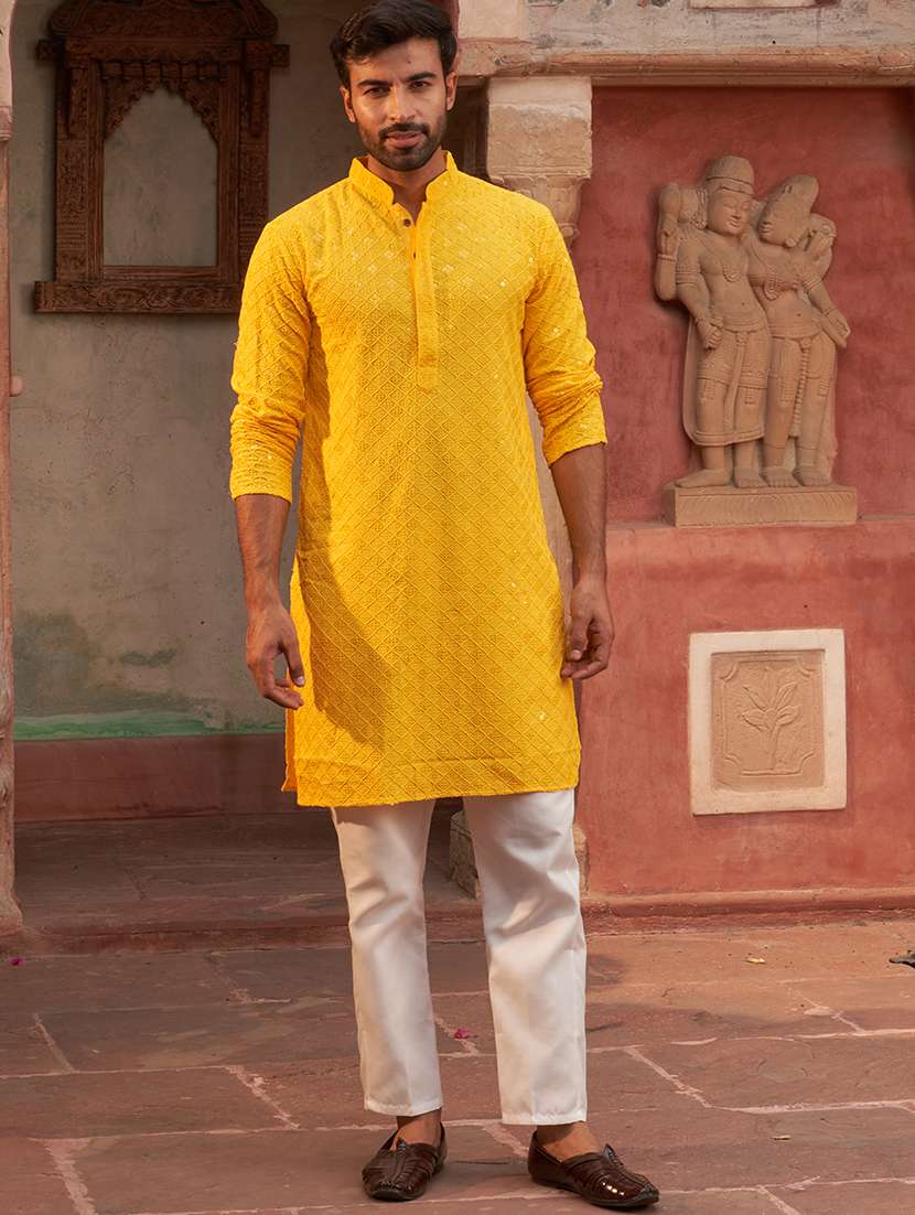 yellow rayon kurta pyjama ethnic wear set