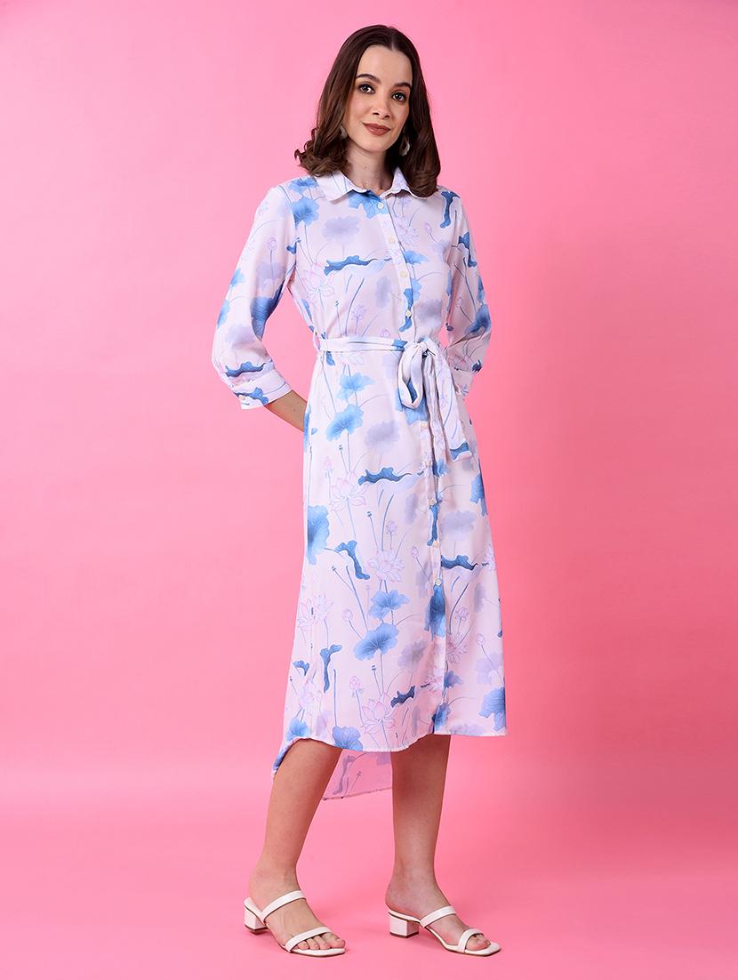 women printed collared high low shirt dress - 21986020 - Standard Image - 1