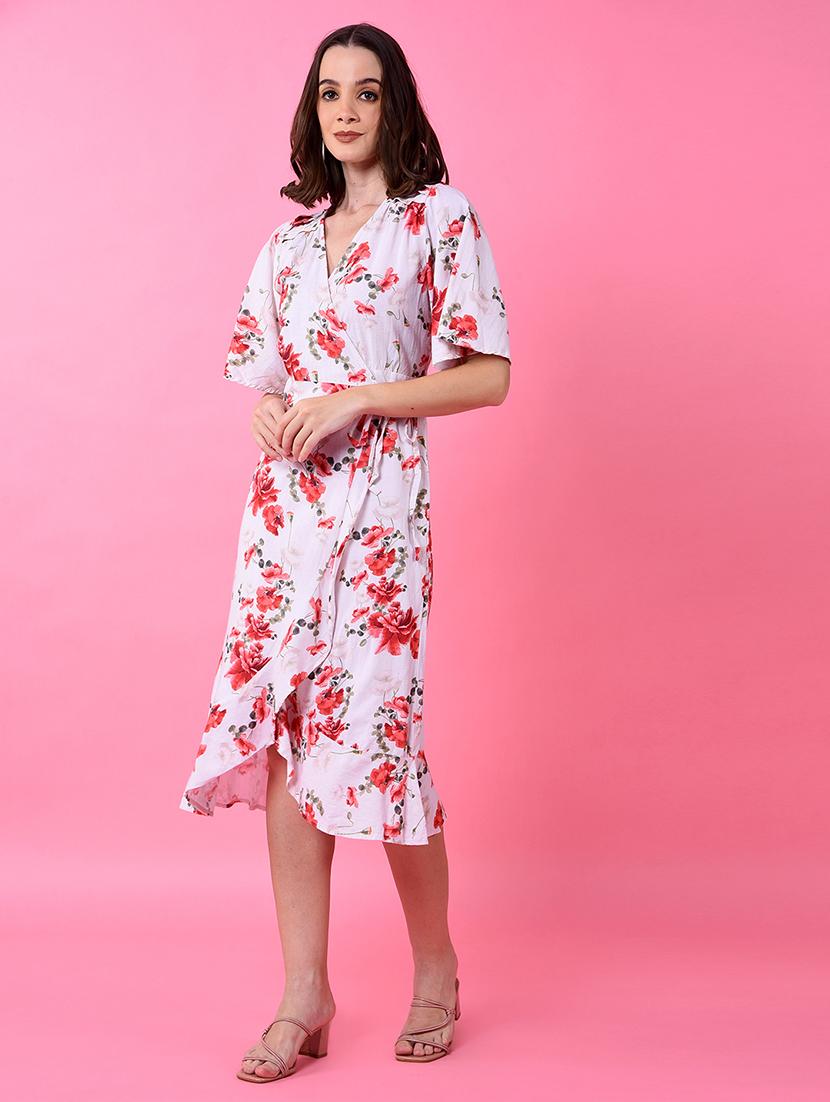 women floral print flared sleeve wrap dress - 21986026 - Standard Image - 1