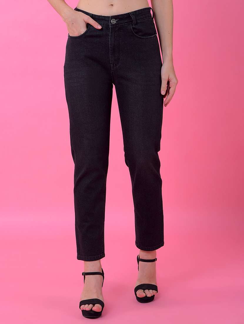 women solid mid rise straight fit jean