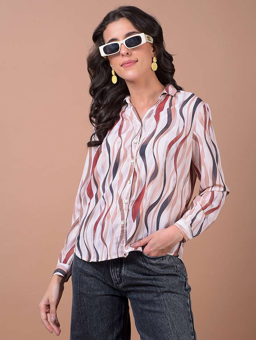 women printed long sleeve collared shirt