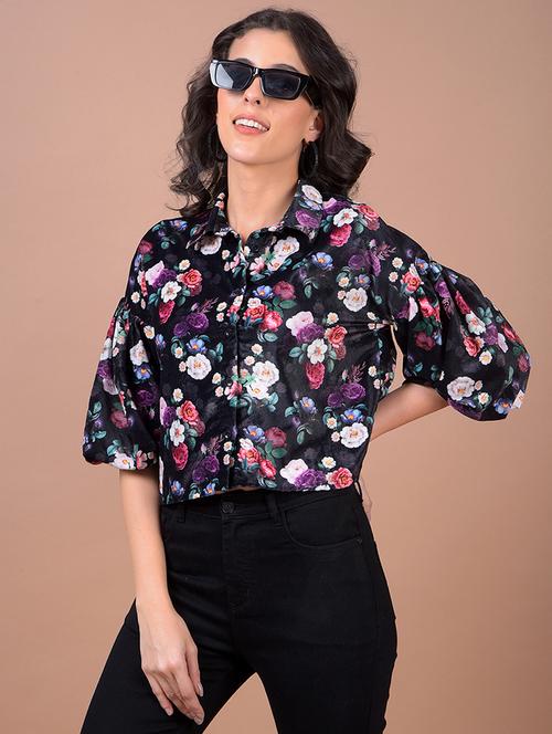 women floral print collared crop shirt - 21986071 - Standard Image - 0