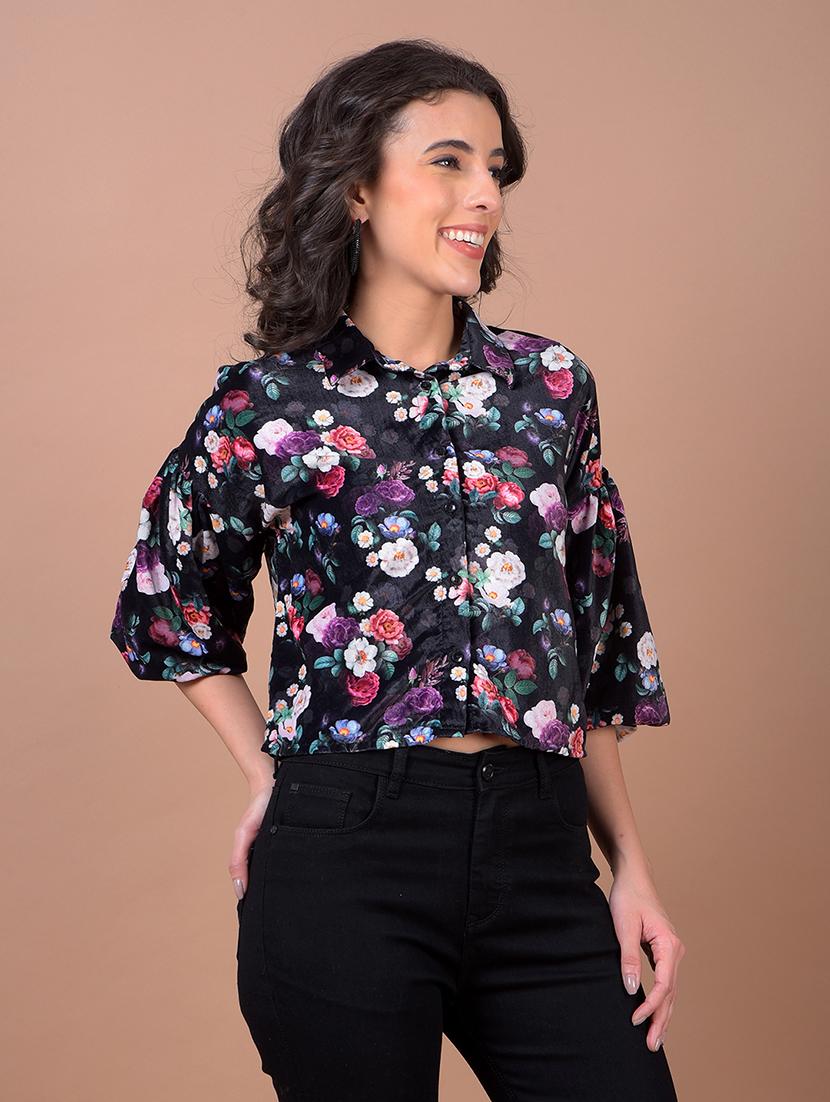 women floral print collared crop shirt - 21986071 - Standard Image - 1