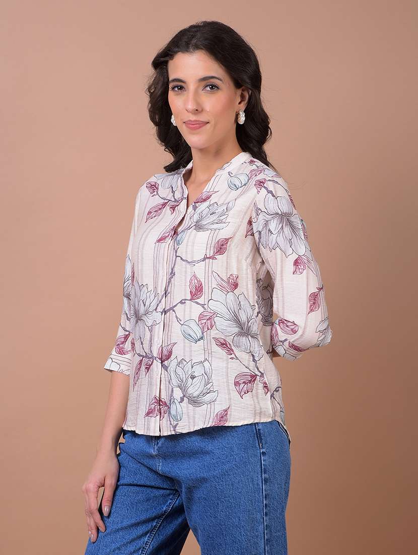 women printed three quarter sleeve collared shirt - 21986072 - Standard Image - 1