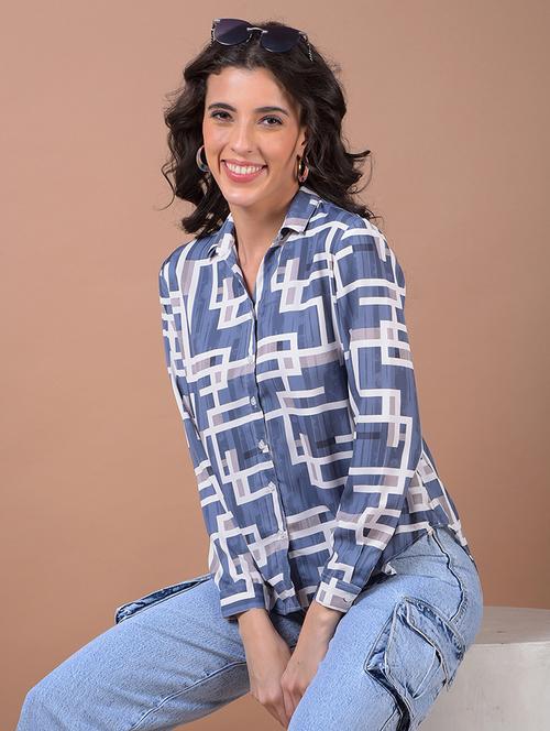 women printed long sleeve high low shirt - 21986079 - Standard Image - 0