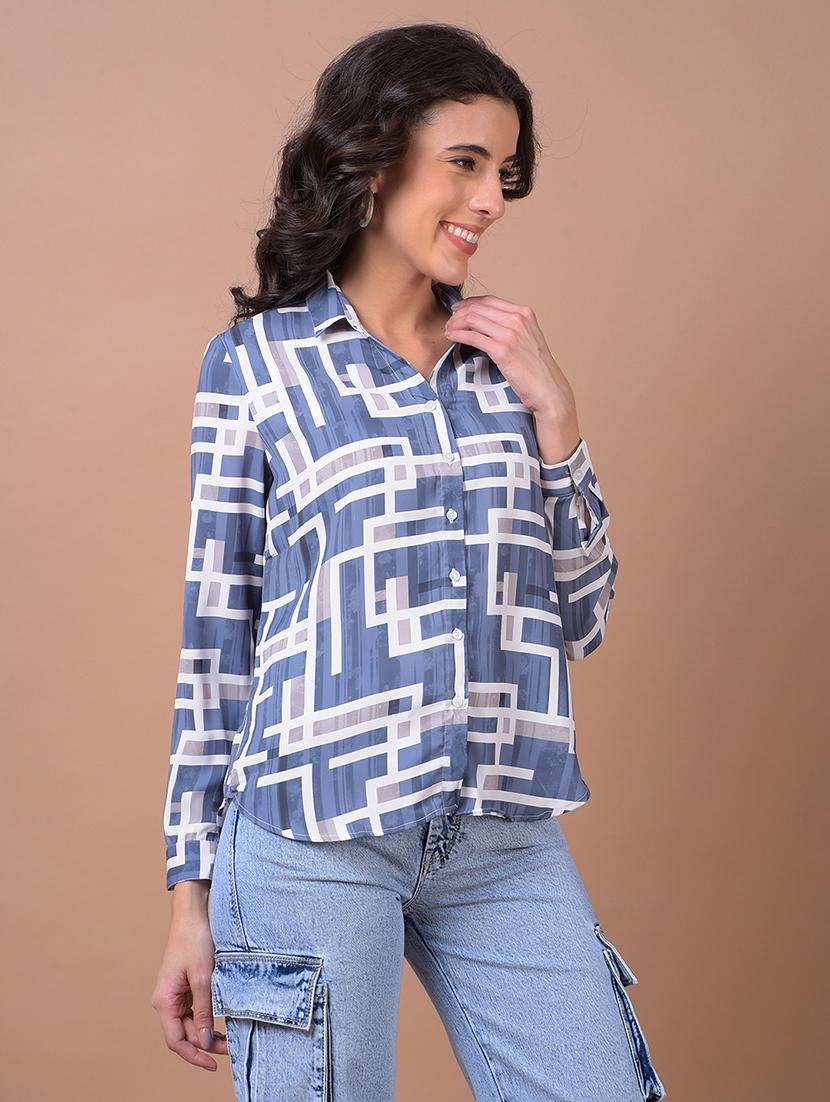women printed long sleeve high low shirt - 21986079 - Standard Image - 1
