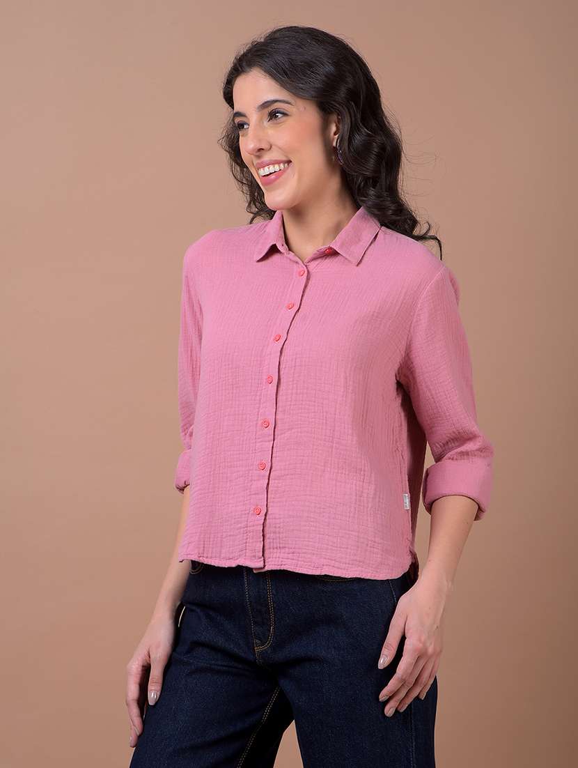 women solid long sleeve high low shirt - 21986084 -  Standard Image - 1