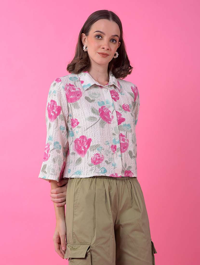 women floral print bell sleeve crop shirt - 21986095 -  Standard Image - 1