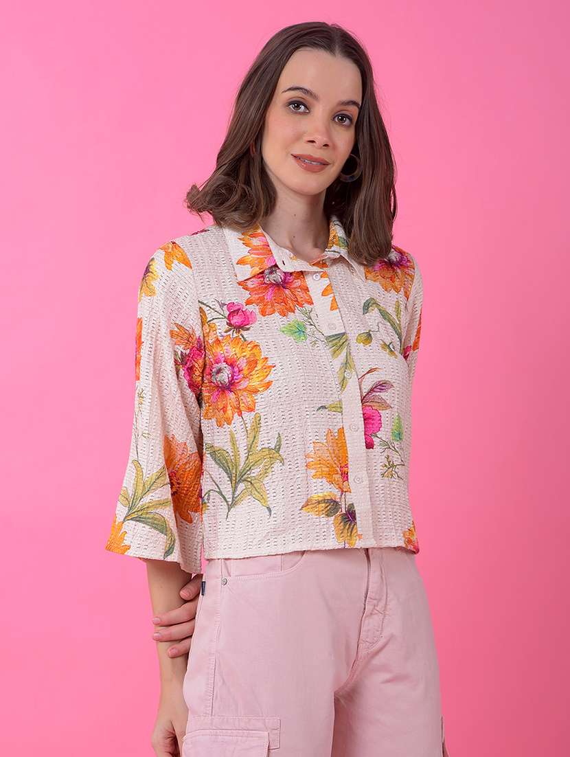 women floral print bell sleeve crop shirt - 21986096 -  Standard Image - 1