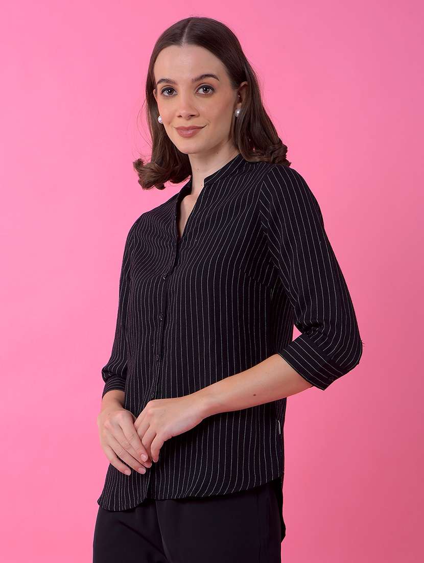 women striped three quarter sleeve hig low shirt  - 21986114 -  Standard Image - 1