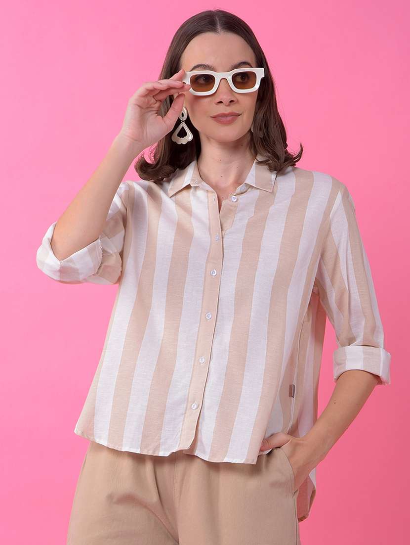 women striped collared long sleeve shirt 