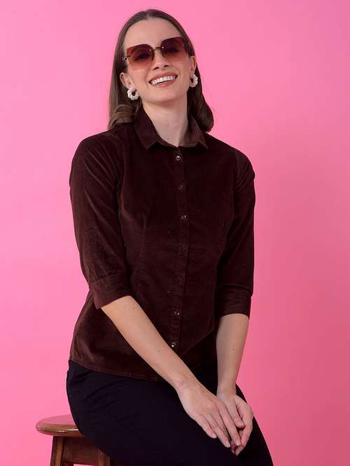 women solid collared three quarter sleeve shirt - 21986119 - Standard Image - 0