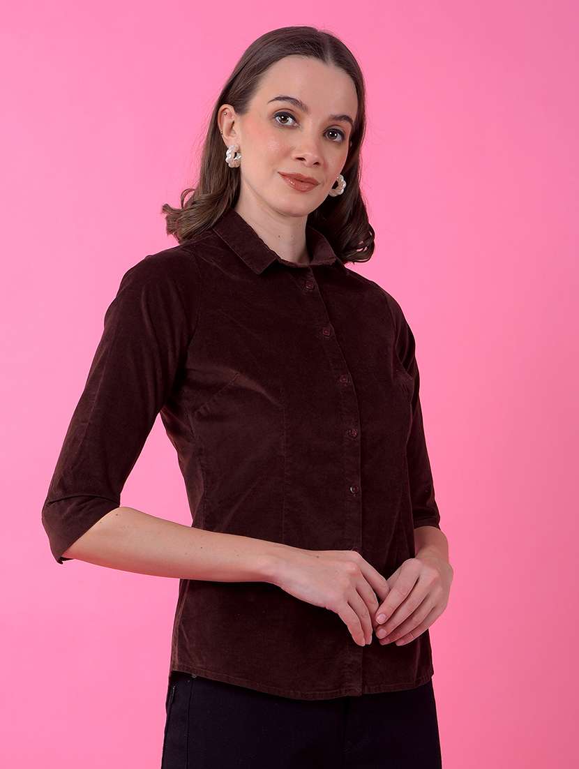women solid collared three quarter sleeve shirt - 21986119 - Standard Image - 1