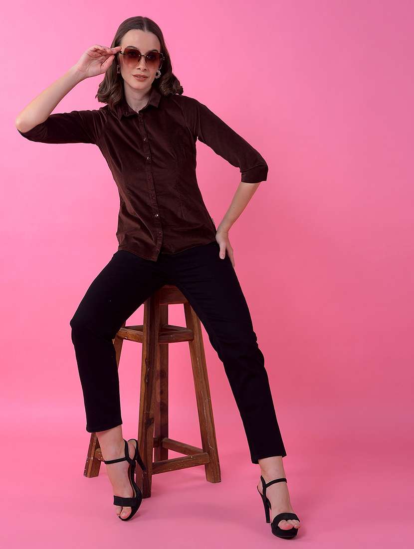 women solid collared three quarter sleeve shirt - 21986119 - Standard Image - 4