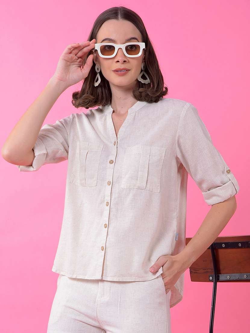 women solid collared long sleeve high low shirt 