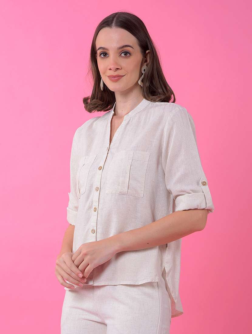 women solid collared long sleeve high low shirt  - 21986120 -  Standard Image - 1