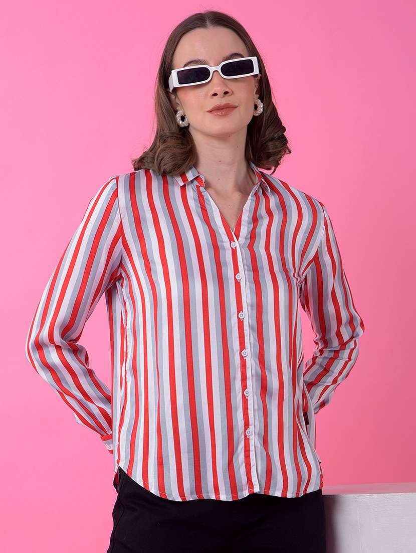 women striped collared long sleeve shirt - 21986121 - Zoom Image - 0