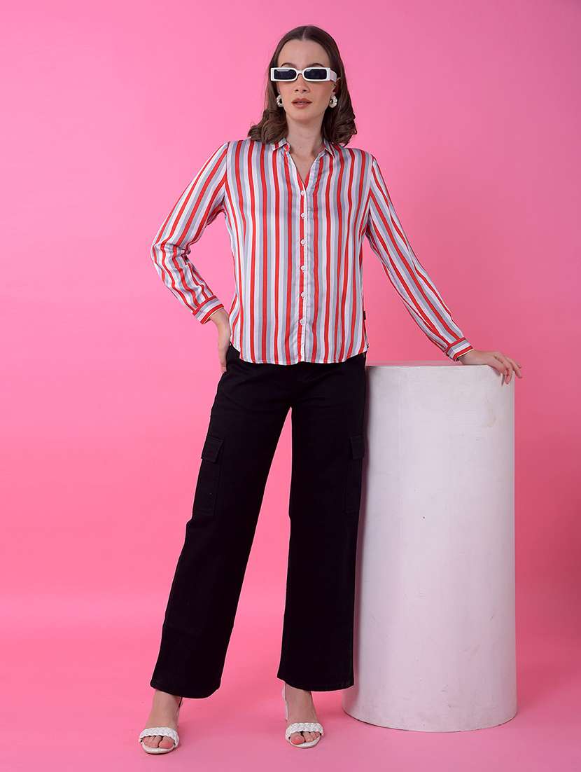 women striped collared long sleeve shirt - 21986121 - Standard Image - 4