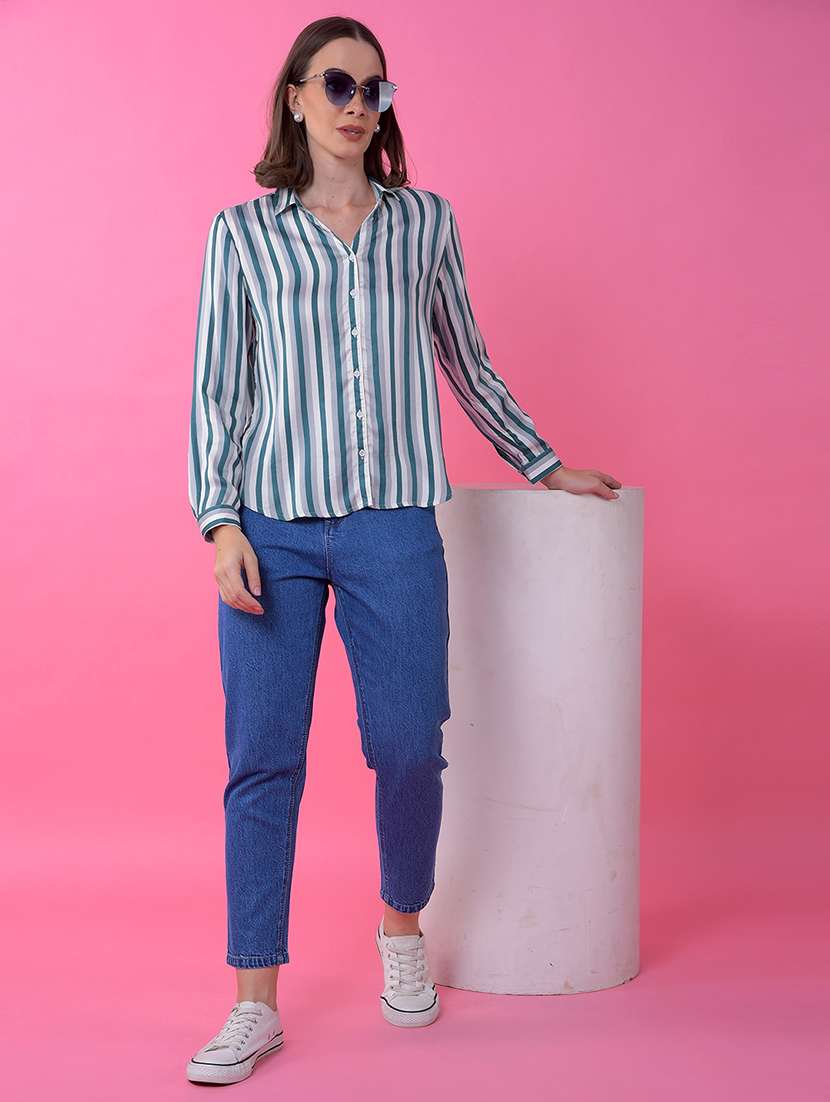women striped collared long sleeve shirt - 21986122 - Standard Image - 4