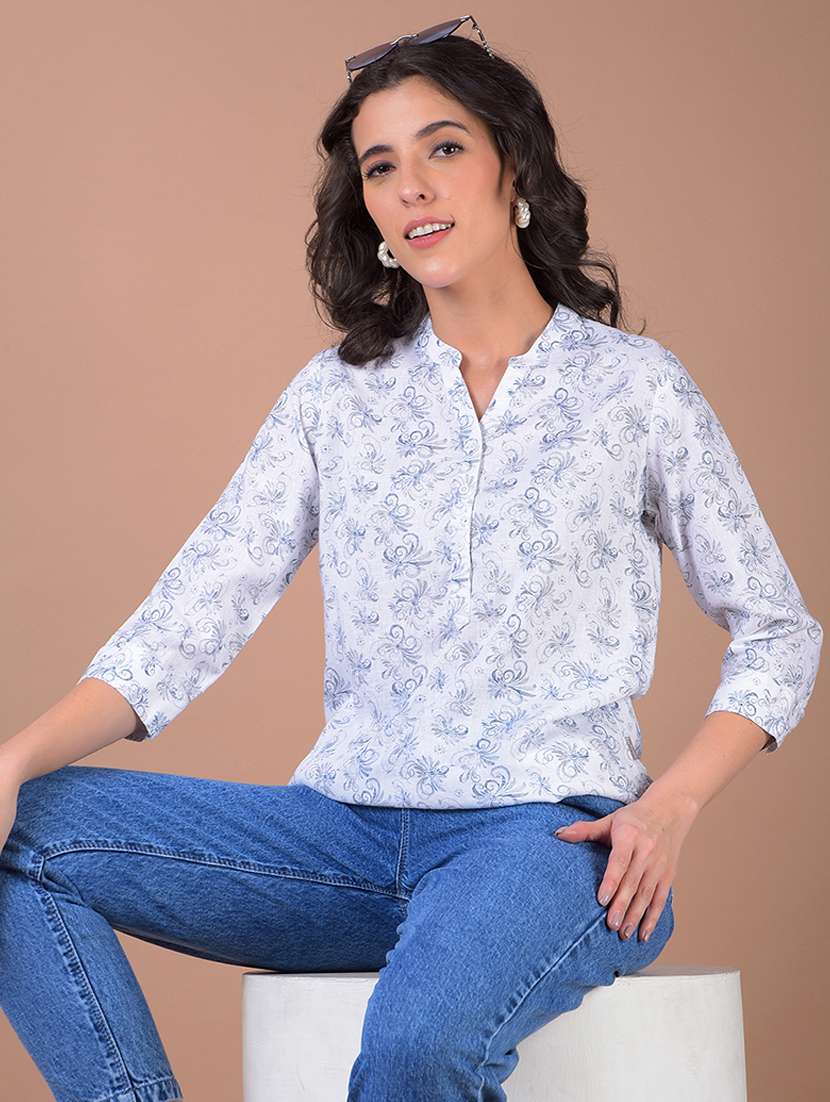 women printed three quarter sleeve high low top