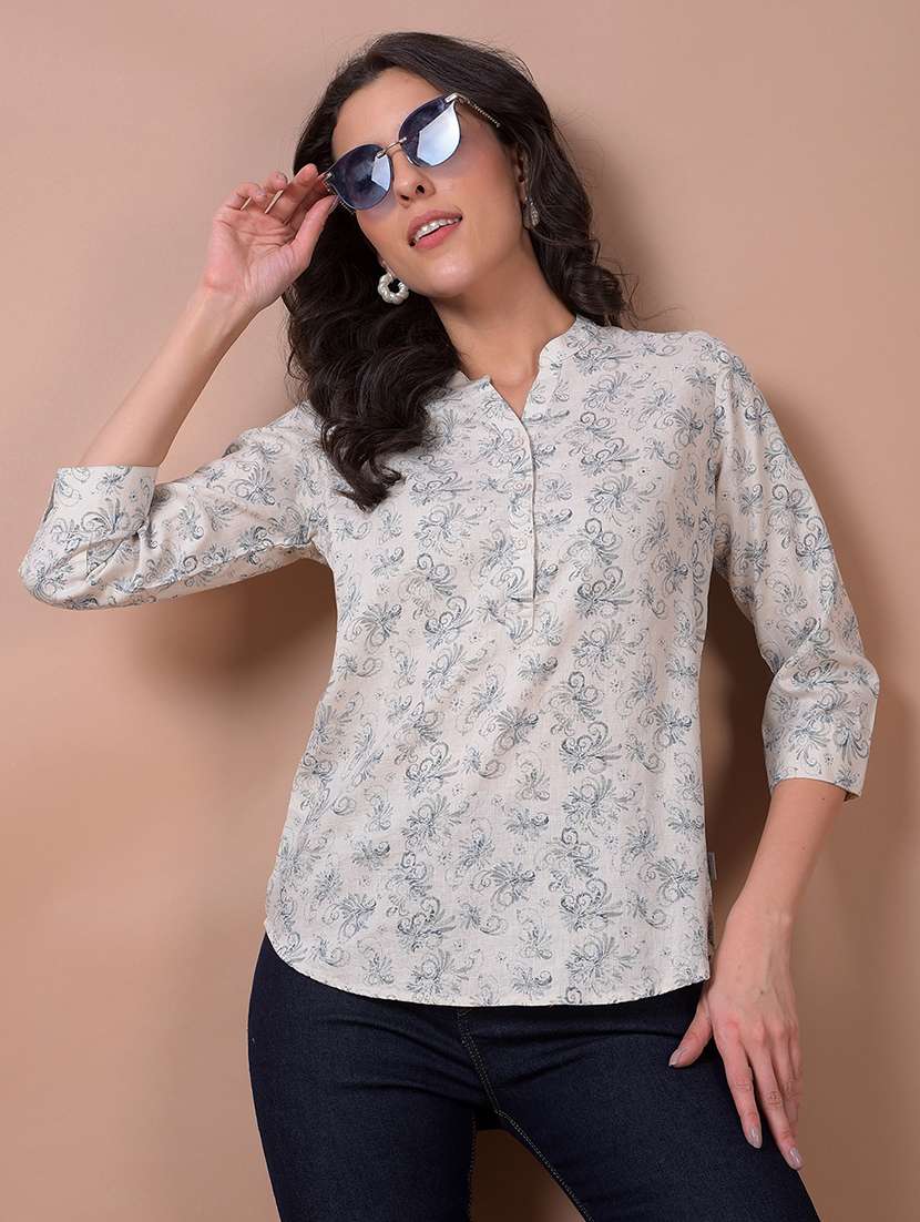 women printed three quarter sleeve high low top