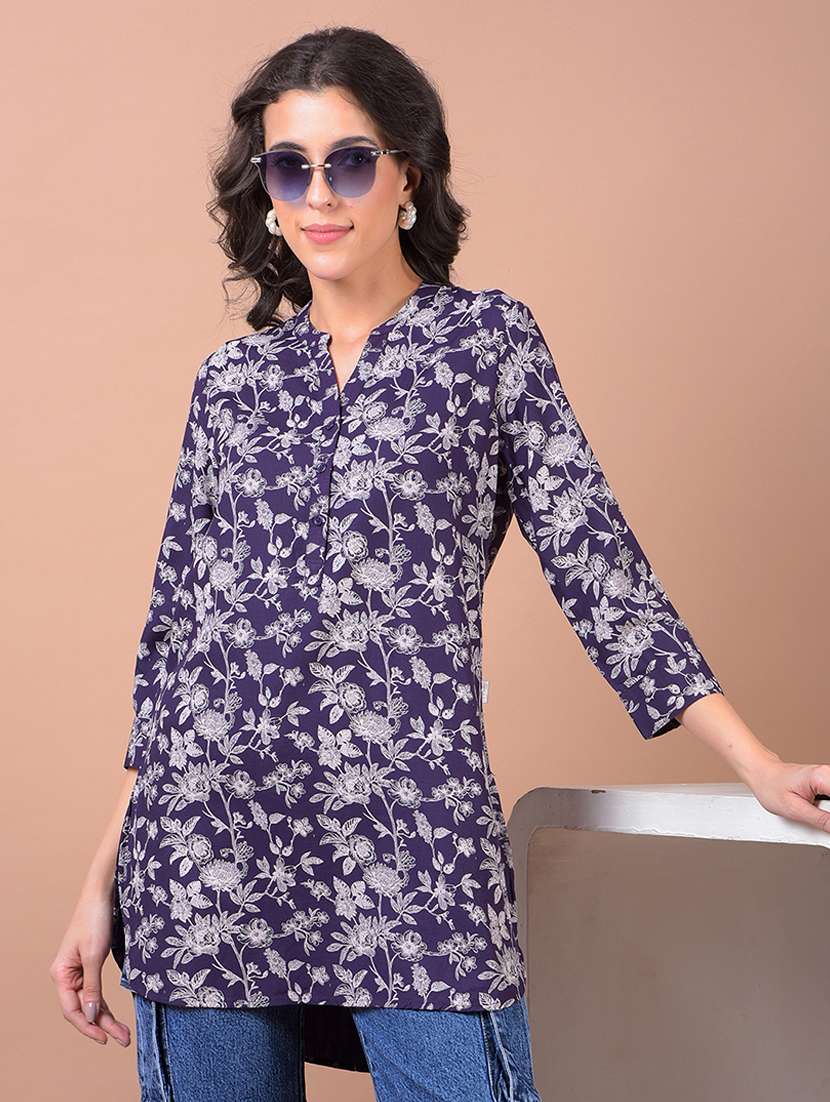 women printed mandarin neck high low kurti