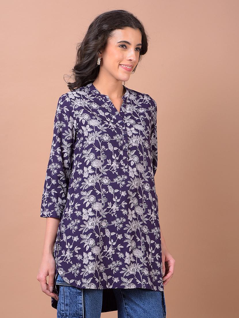 women printed mandarin neck high low kurti - 21986145 -  Standard Image - 1