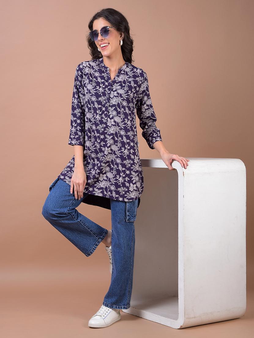 women printed mandarin neck high low kurti - 21986145 - Standard Image - 4