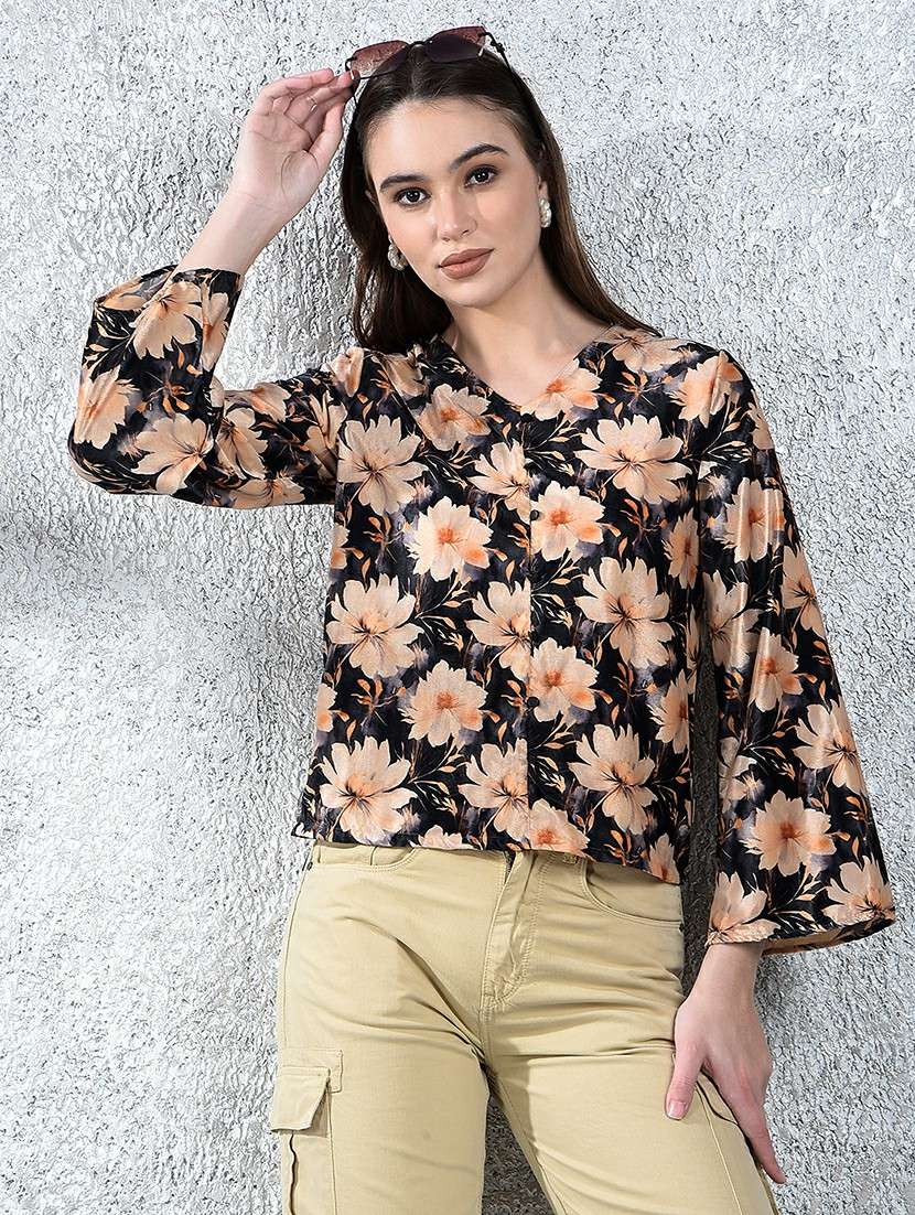 women floral print bell sleeve regular top