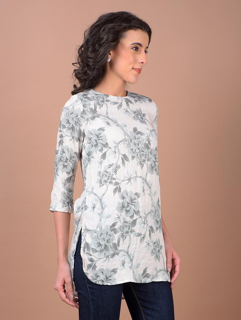 women floral print mandarin neck high low kurti - 21986147 - Standard Image - 1