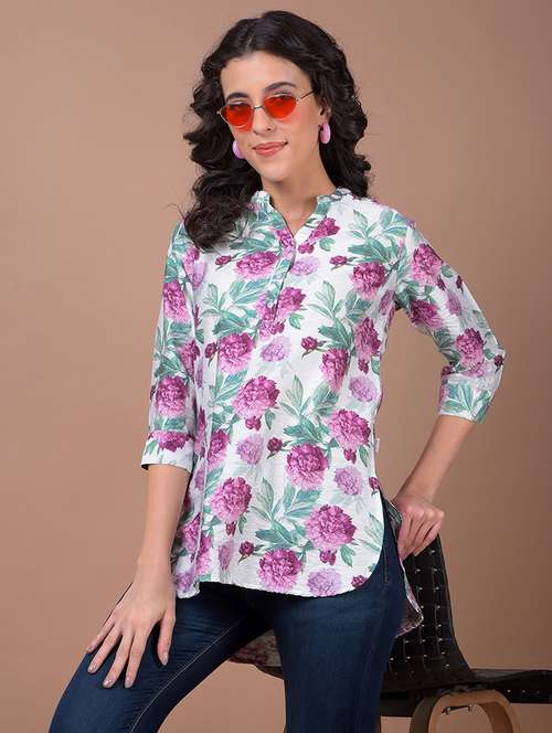 women floral print mandarin neck high low kurti - 21986149 -  Standard Image - 0