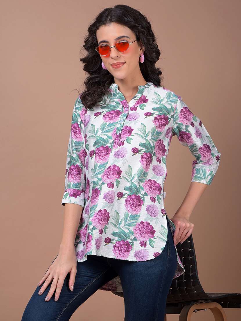 women floral print mandarin neck high low kurti - 21986149 -  Zoom Image - 0