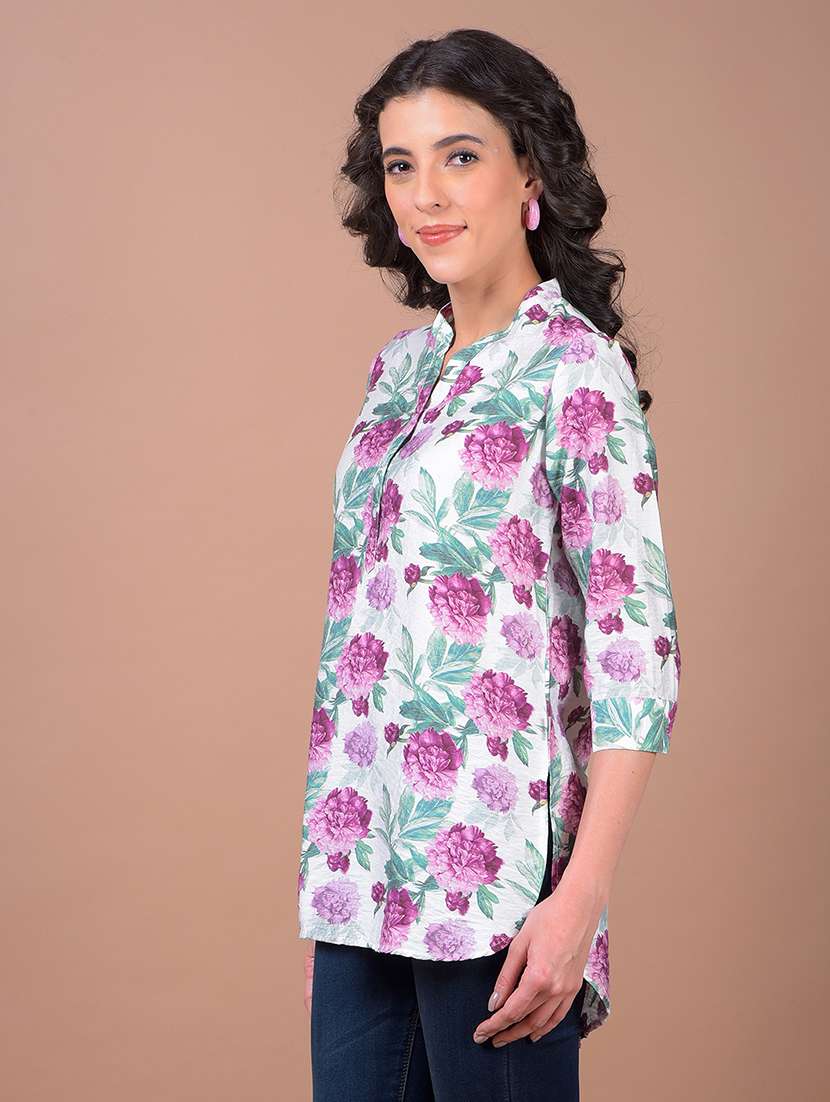women floral print mandarin neck high low kurti - 21986149 - Standard Image - 1