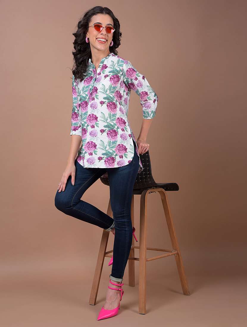 women floral print mandarin neck high low kurti - 21986149 - Standard Image - 4