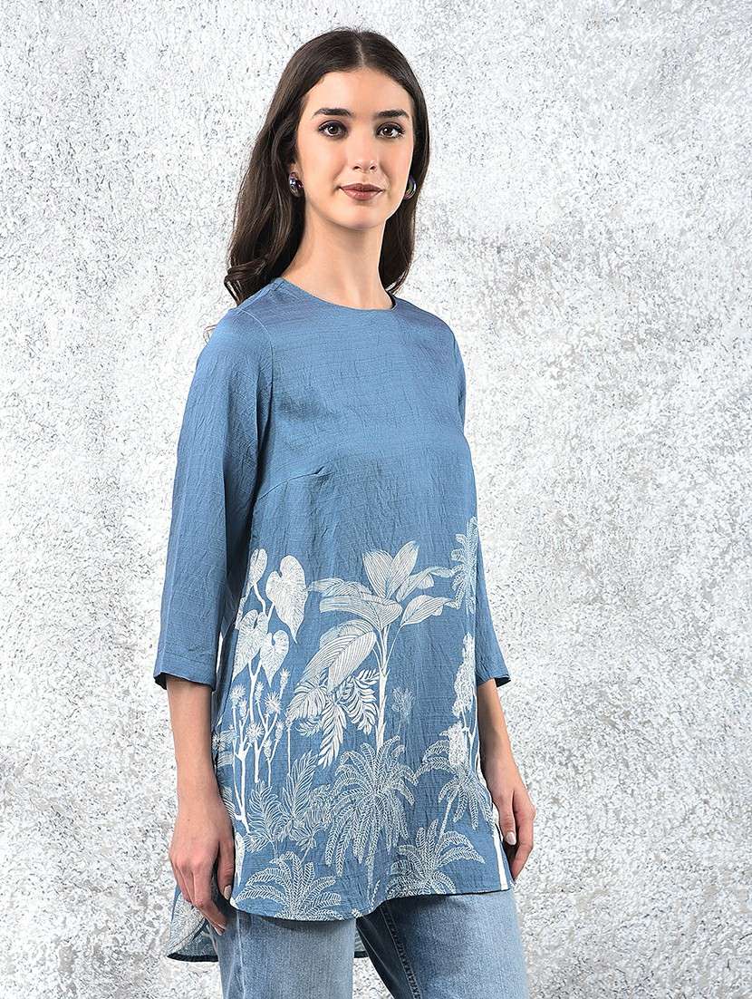women printed mandarin neck high low kurti - 21986152 -  Standard Image - 1