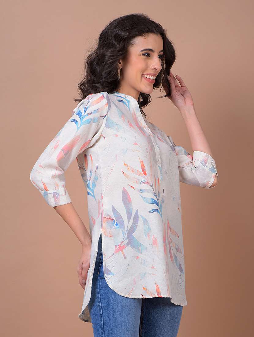 women printed mandarin neck high low kurti - 21986154 - Standard Image - 1