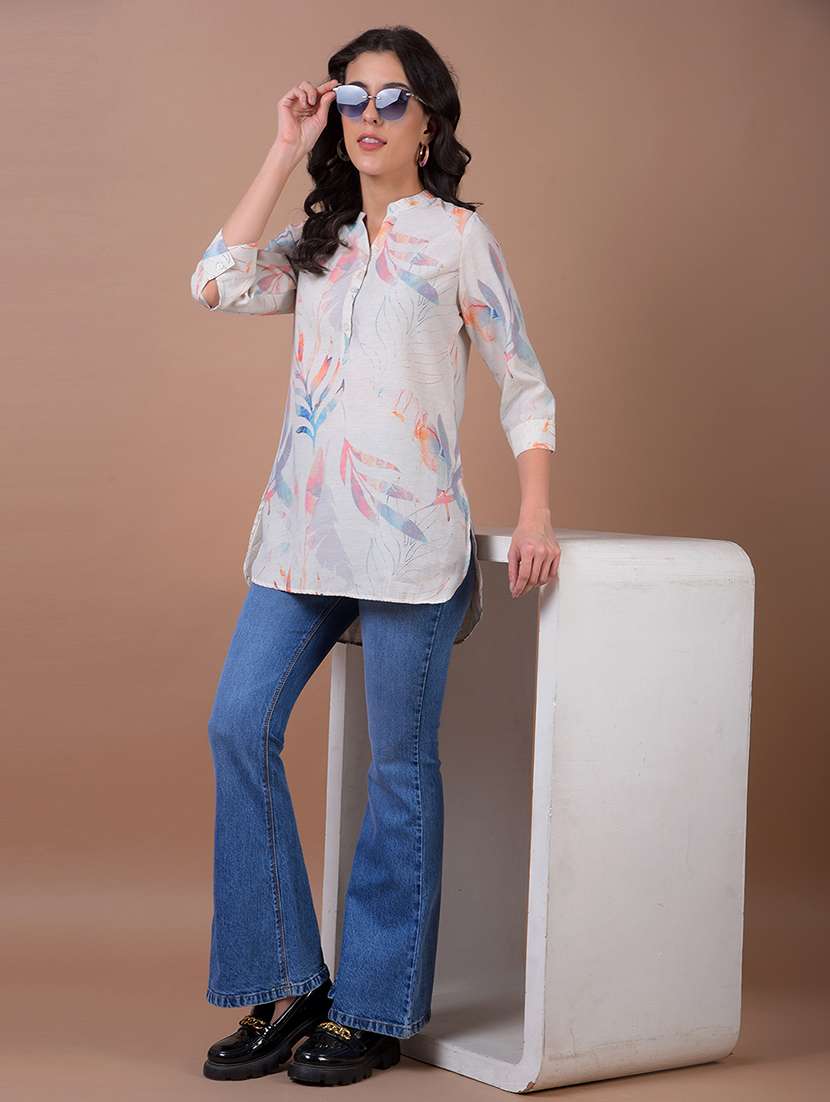 women printed mandarin neck high low kurti - 21986154 - Standard Image - 4
