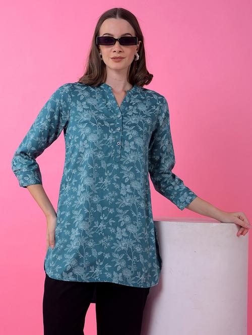 women printed mandarin neck high low kurti - 21986166 - Standard Image - 0