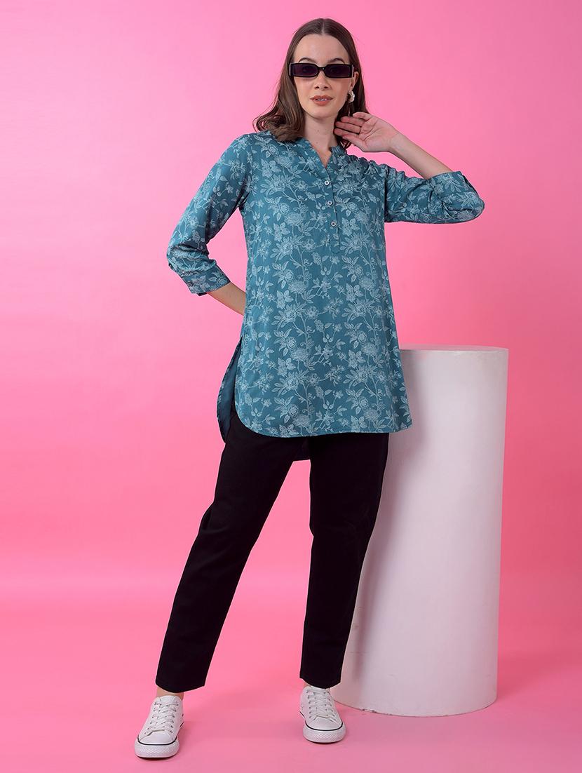 women printed mandarin neck high low kurti - 21986166 - Standard Image - 4