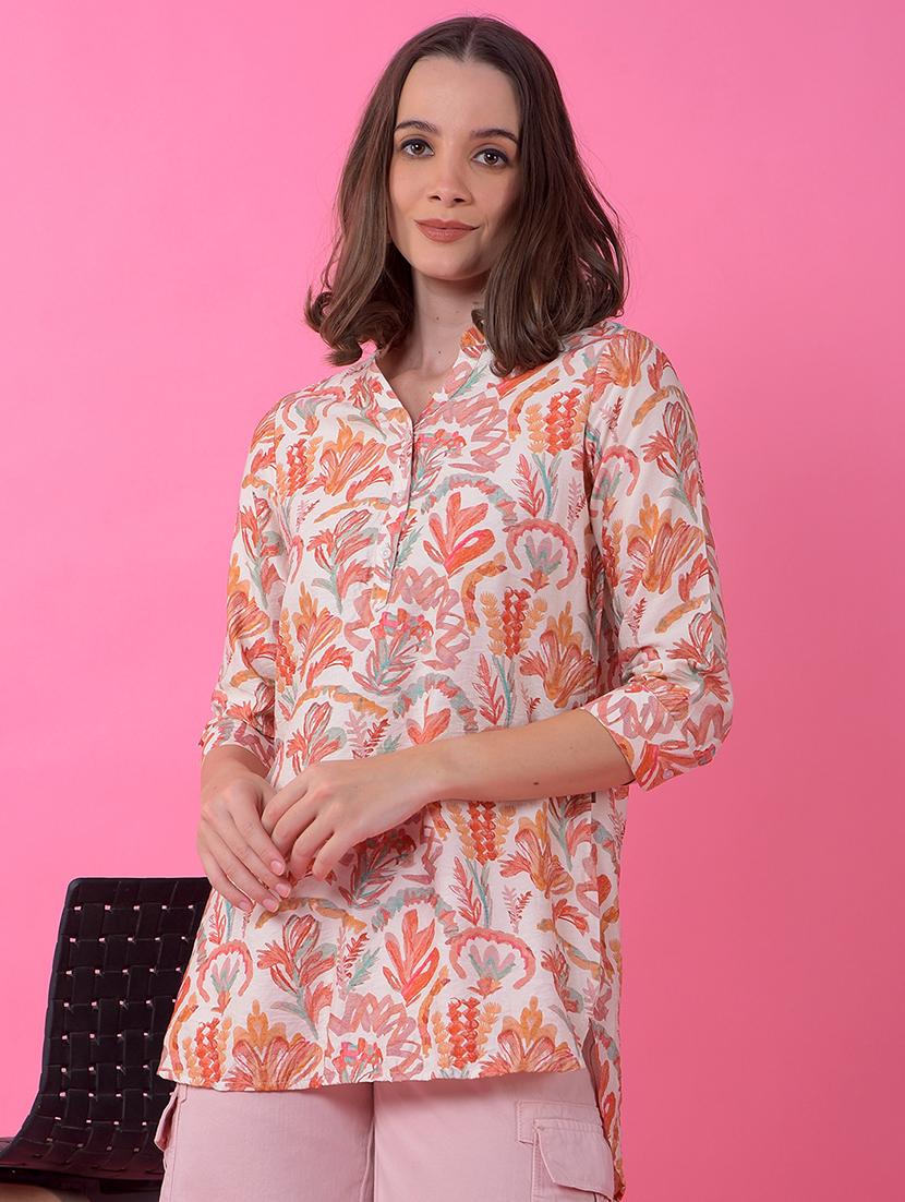 women printed mandarin neck high low kurti - 21986169 - Zoom Image - 0