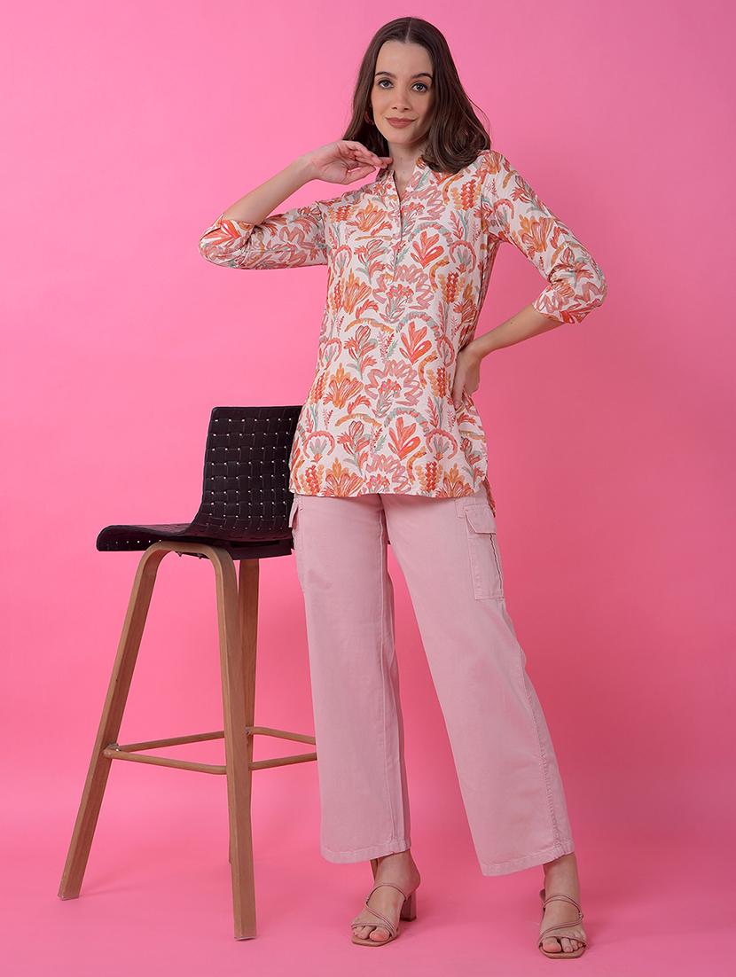 women printed mandarin neck high low kurti - 21986169 - Standard Image - 4