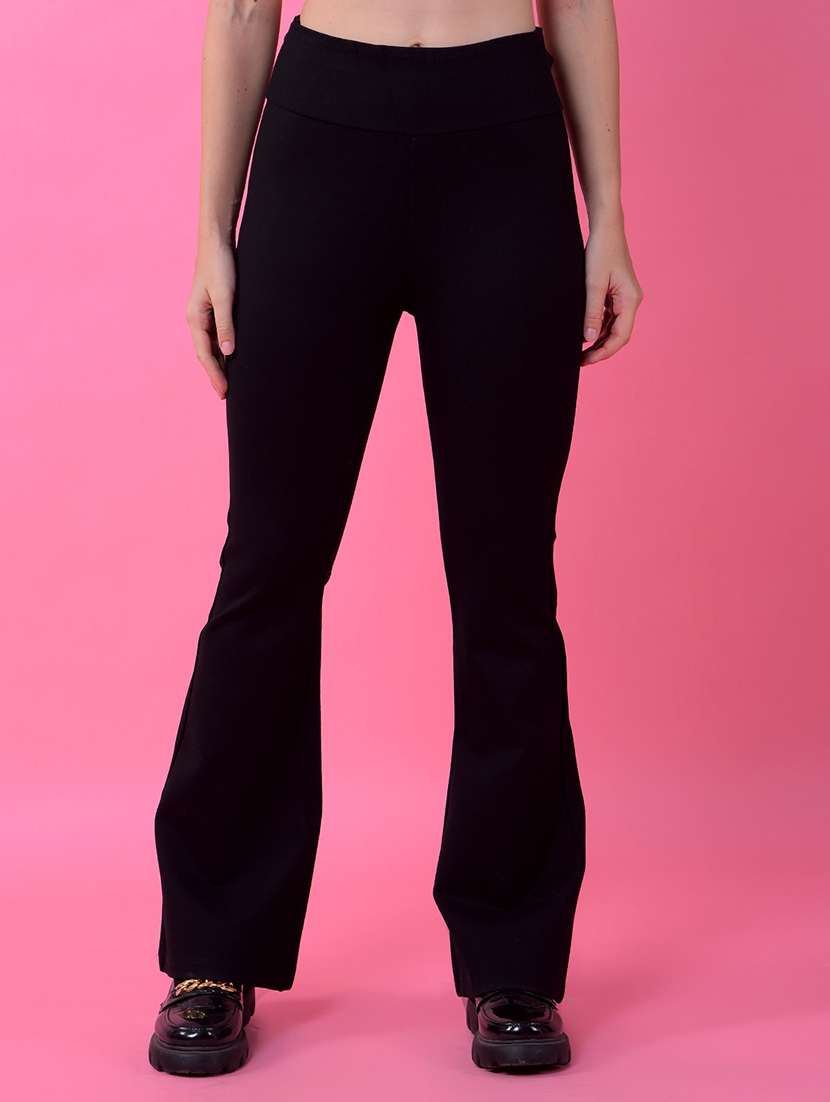 women solid high rise bootcut trouser
