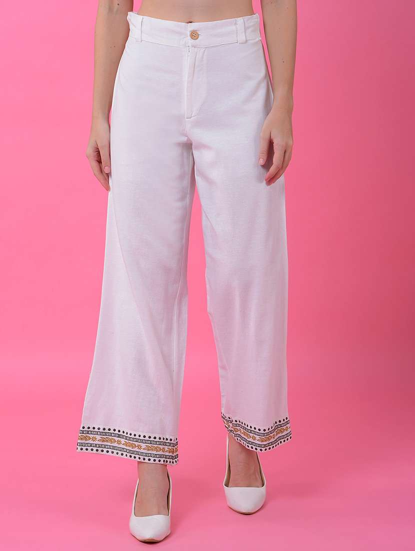 women solid high rise wide leg trouser