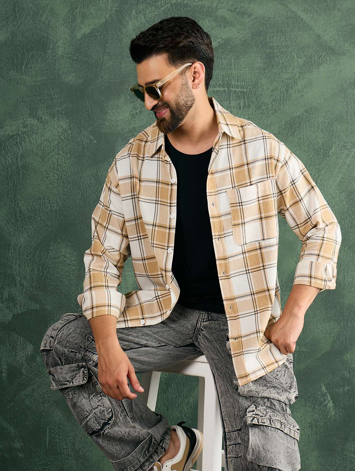 men checkered collared loose fit shirt